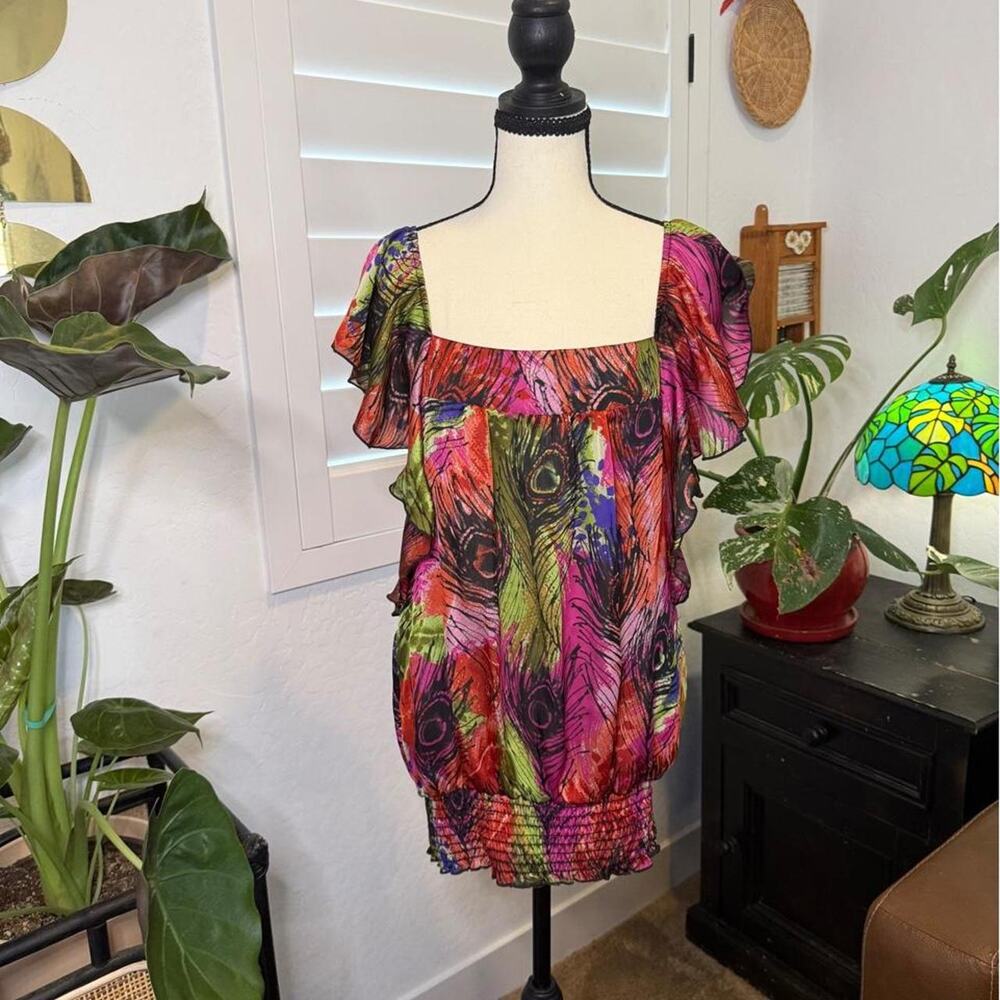 Vintage Deasdstock Y2K Unit USA Peacock Flutter Sleeve Open Back Tunic Top L